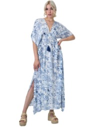 μακρύ φλοράλ φόρεμα με κορδόνια μπλε 24531