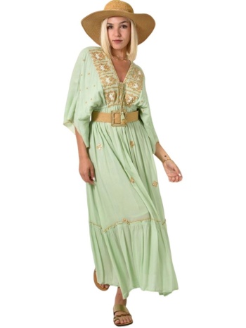 μακρύ φόρεμα με κεντήματα και κορδόνια φυστικί 24791