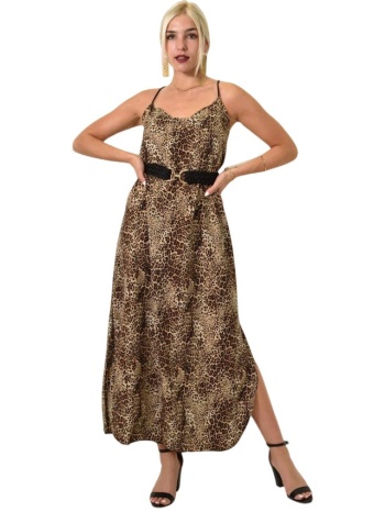 λεοπάρ maxi φόρεμα με λεπτές τιράντες καφέ 24930
