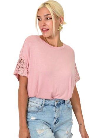 γυναικεία μπλούζα με πέρλες και δαντέλα ροζ 25489