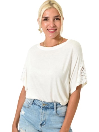 γυναικεία μπλούζα με πέρλες και δαντέλα λευκό 25490