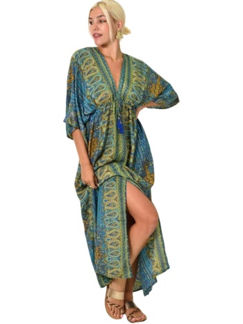 εντυπωσιακό μακρύ φόρεμα με μοτίβο πέισλεϊ μουσταρδί 25471