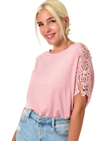 γυναικεία μπλούζα oversized με δαντέλα ροζ 25484
