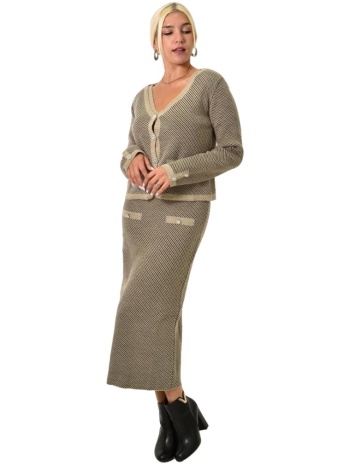 γυναικείο μακρύ φόρεμα με σχέδιο ριγε μπεζ 25627