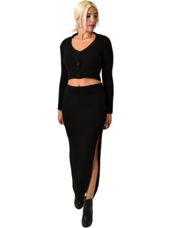 πλεκτό σετ με ζακέτα φούστα και τοπ μαύρο 25625