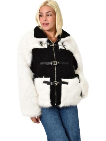 γούνινο μπουφάν με δέσιμο ζώνης μαύρο 25733