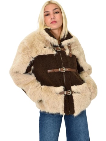 γούνινο μπουφάν με δέσιμο ζώνης καφέ 25734