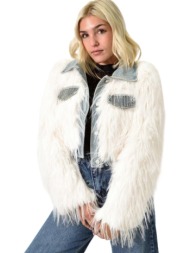 γυναικείο τζάκετ με faux γούνα και τζιν λεπτομέρειες λευκό 25818
