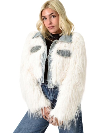 γυναικείο τζάκετ με faux γούνα και τζιν λεπτομέρειες λευκό