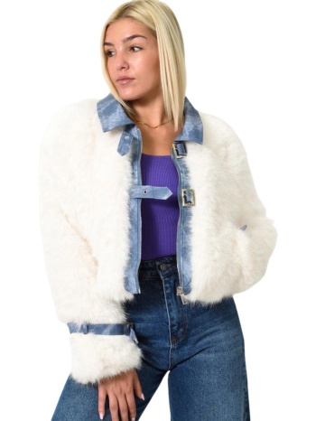 λευκό τζάκετ με λεπτομέρειες από τζιν λευκό 25938