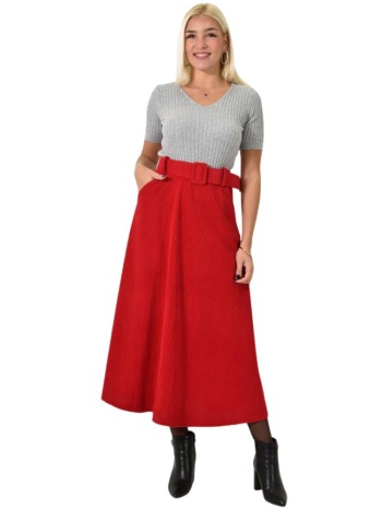 γυναικεία φούστα κοτλέ με ζώνη κόκκινο 26050