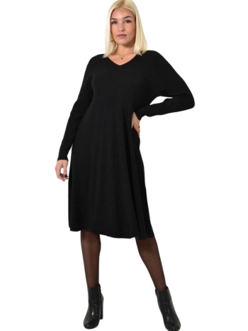 πλεκτό plus φόρεμα με μακρύ μανίκι και v λαιμόκοψη μαύρο
