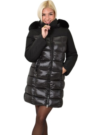 φουσκωτό μπουφάν με γούνα στην κουκούλα μαύρο 26126