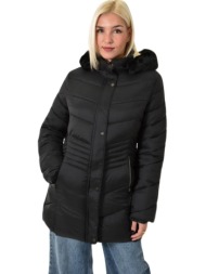 μπουφάν καπιτονέ με γούνινη κουκούλα μαύρο 26136