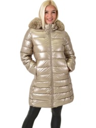 μακρύ μπουφάν μεταλλικό με κουκούλα και γούνα χρυσό 26138