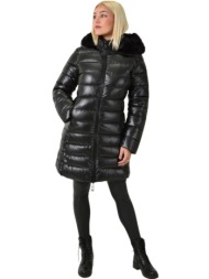 μακρύ μπουφάν μεταλλικό με κουκούλα και γούνα μαύρο 26139