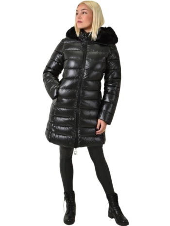 μακρύ μπουφάν μεταλλικό με κουκούλα και γούνα μαύρο 26139