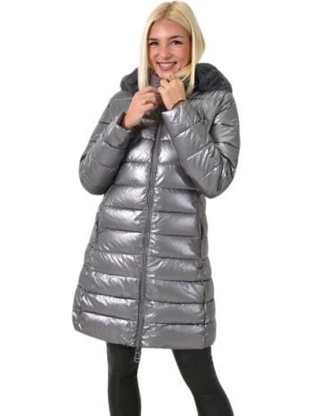 μακρύ μπουφάν μεταλλικό με κουκούλα και γούνα ασημί 26140