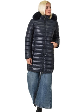 μακρύ μπουφάν φουσκωτό με γούνινη κουκούλα μπλε σκούρο 26116