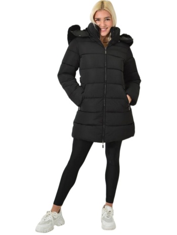 μαύρο μακρύ πουπουλένιο μπουφάν με κουκούλα μαύρο 26197