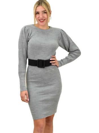 κοντό πλεκτό φόρεμα με σούρα στα μανίκια γκρι 18485