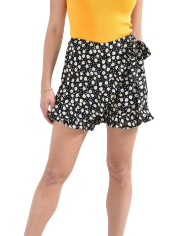 γυναικείο φλοράλ σορτσάκι με βολάν και κρουαζέ δέσιμο μαύρο