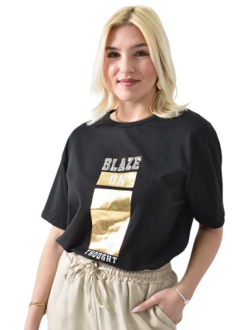 γυναικείο t-shirt με σχέδιο blaze με στρας & πέρλες μαύρο