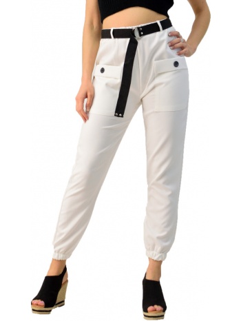 γυναικείο παντελόνι με λάστιχο και ζώνη λευκό 3022