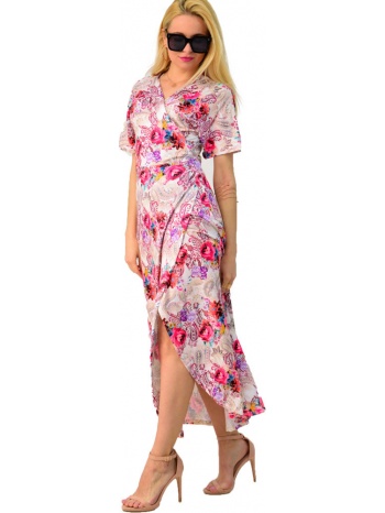 φόρεμα εμπριμέ με δέσιμο απαλό ροζ 3036