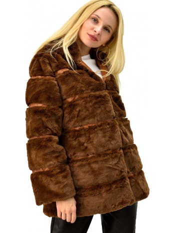 γούνινο παλτό με κουκούλα καφέ 4457