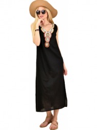 λινό φόρεμα με μοτίφ κεντημένο από διακοσμητικές πέτρες μαύρο 11327