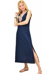λινό φόρεμα με μοτίφ κεντημένο από διακοσμητικές πέτρες μπλε σκούρο 13567