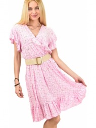 γυναικείο φόρεμα κρουαζέ με μεσαία λουλούδια ροζ 11405