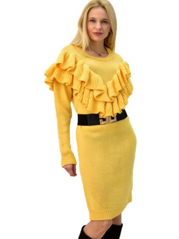 γυναικείο πλεκτό κοντό φόρεμα με βολάν κίτρινο 5338