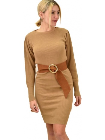 κοντό πλεκτό φόρεμα με σούρα στα μανίκια κανελί 9206