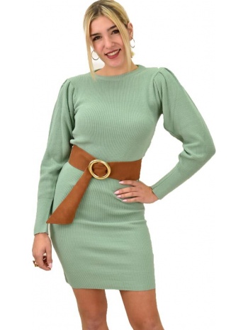 κοντό πλεκτό φόρεμα με σούρα στα μανίκια φυστικί 9207