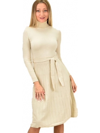 πλεκτό φόρεμα midi με πλισέ σχέδιο εκρού 9127