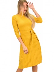 πλεκτό φόρεμα midi με πλισέ σχέδιο μουσταρδί 9136