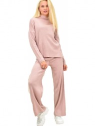πλεκτό σετ πουλόβερ με παντελόνι ροζ 13028
