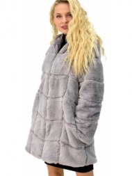 γυναικείο παλτό γούνα με τετράγωνα δέρματα και κουκούλα γκρι 8887