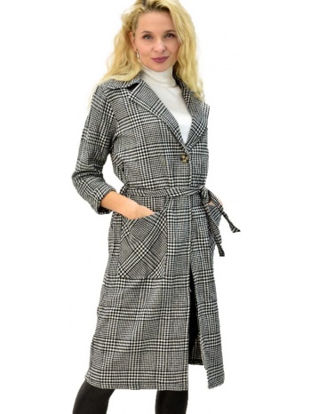 γυναικείο παλτό καρό με γιακά και ζώνη μαύρο 8851