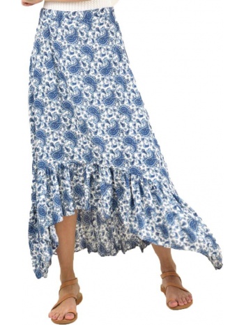 mάξι φούστα με βολάν και σχέδιο λαχούρια μπλε 11968