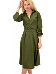 γυναικείο φόρεμα μονόχρωμο με ζώνη και γιακά λαδί 13919