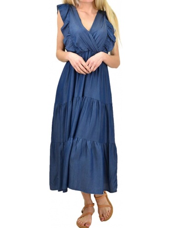 γυναικείο φόρεμα τύπου τζιν με βολάν μπλε σκούρο 14418