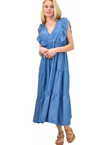 γυναικείο φόρεμα τύπου τζιν με βολάν μπλε τζιν 14419