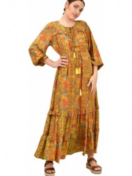 γυναικείο μεταξωτό boho φόρεμα με κρόσια μουσταρδί 15727