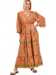 γυναικείο φόρεμα boho με ζώνη πορτοκαλί 16685