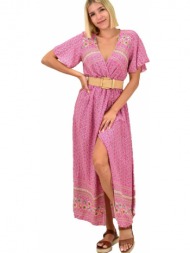 γυναικείο φόρεμα κρουαζέ με άνοιγμα ροζ 16916