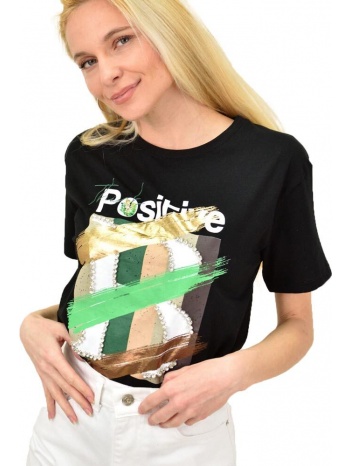 γυναικείο t-shirt με τύπωμα και στρας positive μαύρο 14711
