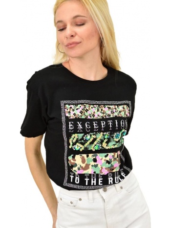 γυναικείο t-shirt με τύπωμα και στρας μαύρο 14721